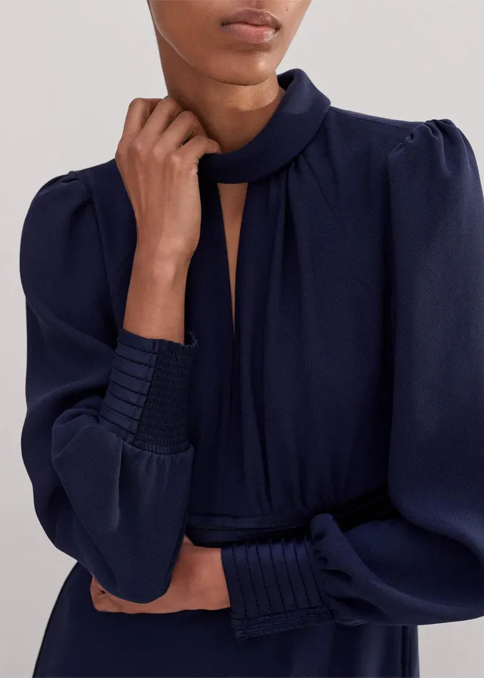 Women Crepe Ladder Trim Maxi Dress Navy MEEM