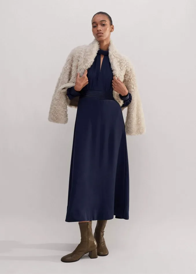 Women Crepe Ladder Trim Maxi Dress Navy MEEM