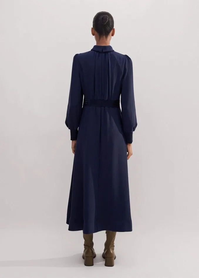 Women Crepe Ladder Trim Maxi Dress Navy MEEM