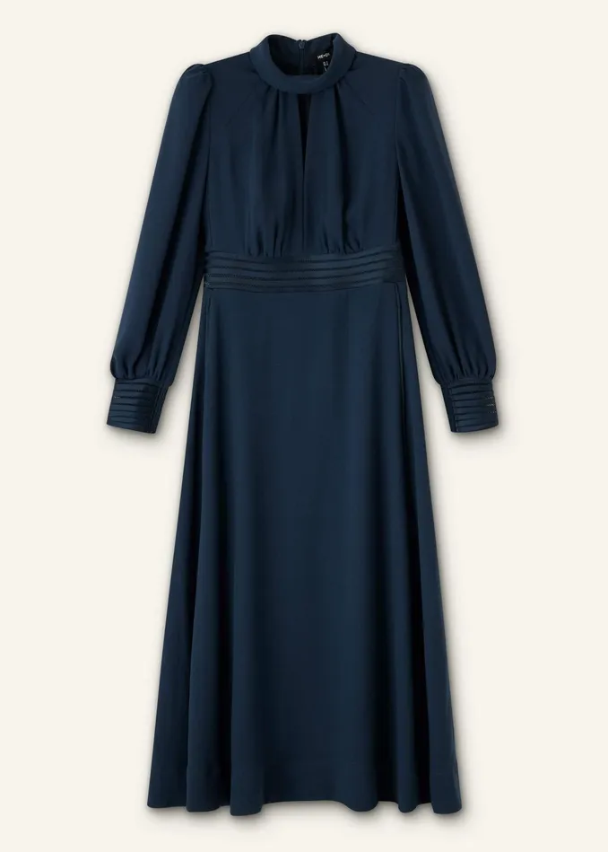 Women Crepe Ladder Trim Maxi Dress Navy MEEM