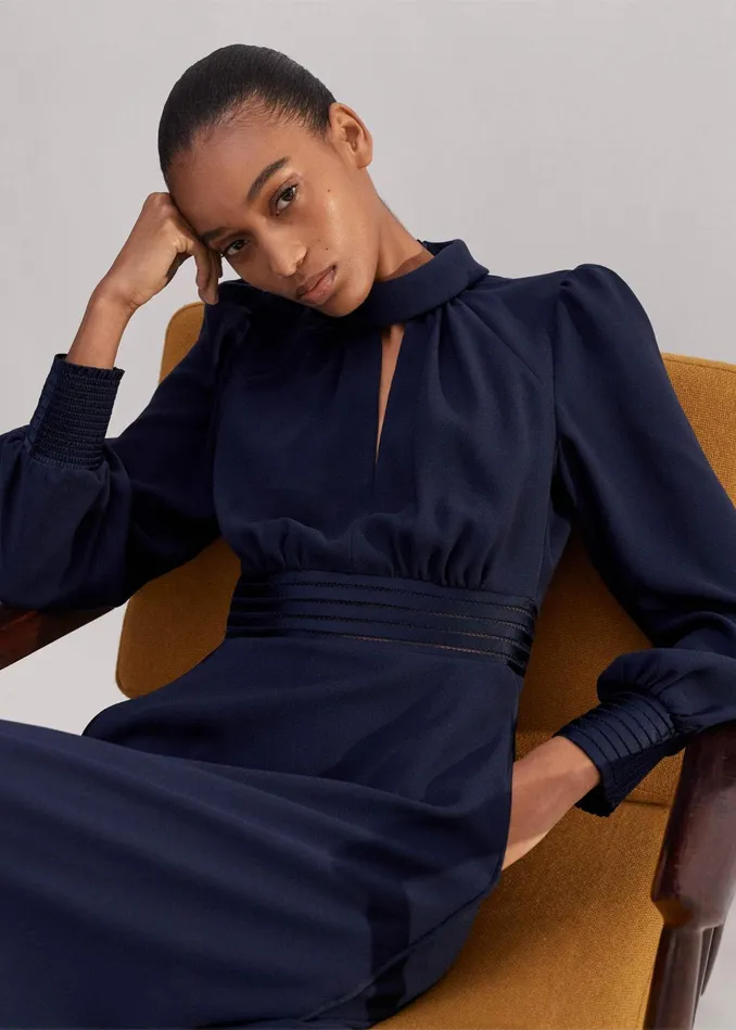 Women Crepe Ladder Trim Maxi Dress Navy MEEM