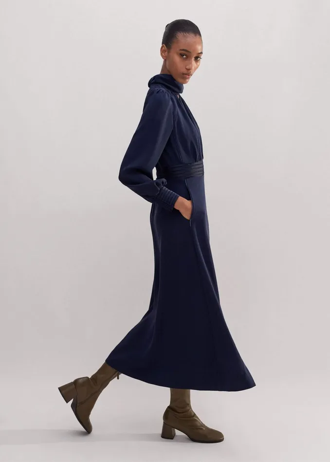 Women Crepe Ladder Trim Maxi Dress Navy MEEM