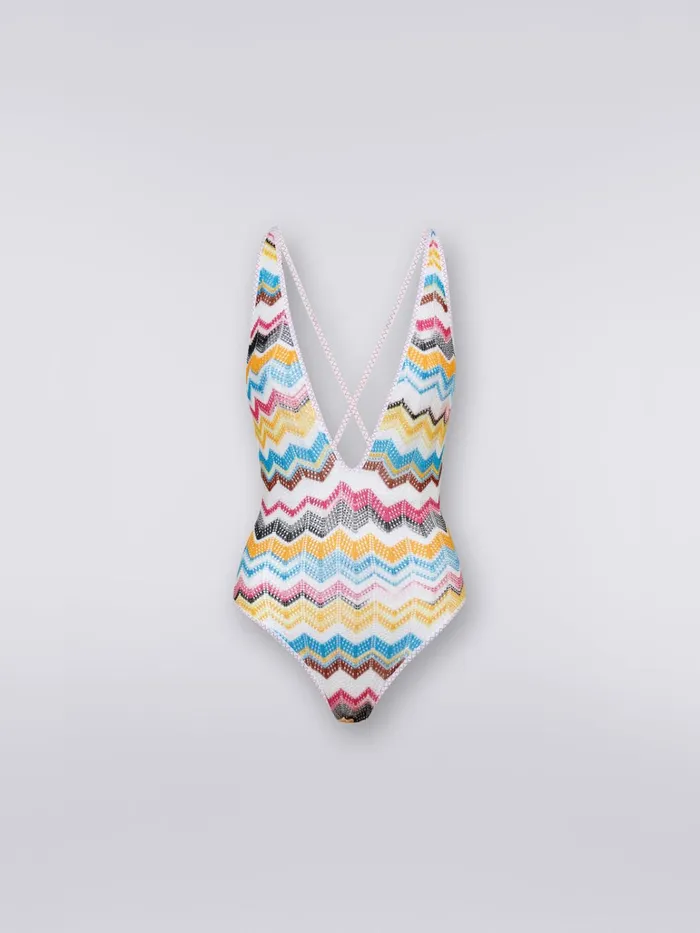 Women CrochetEffect Viscose OnePiece Swimming Costume With Plunging Neckline Multicoloured Missoni Swimsuits