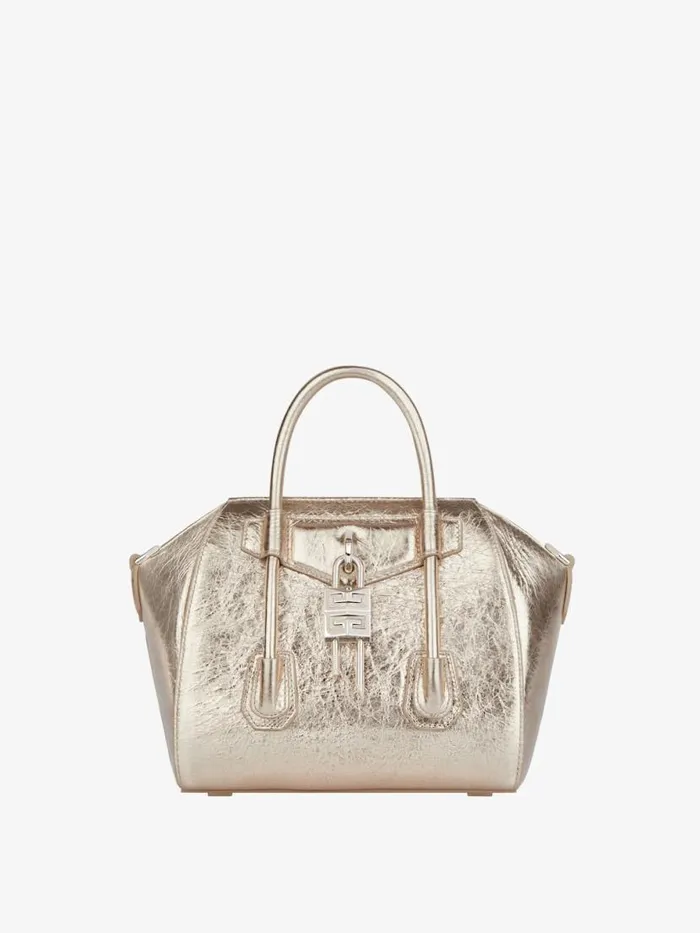 Women Crossbody Bags Givenchy Mini Antigona Lock Bag In Laminated Leather Dusty Golden
