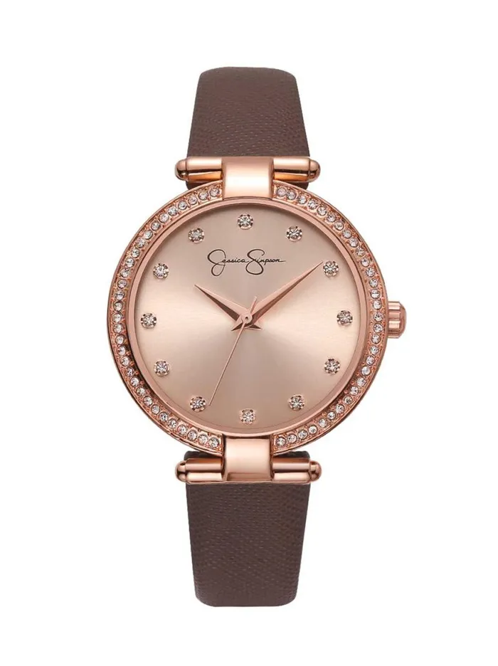 Women Crystal Bezel Brown Strap Watch In Rose Gold Tone Jessica Simpson Watches