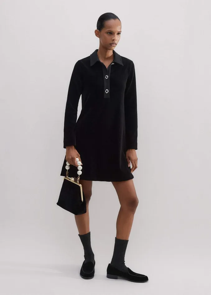 Women Crystal Button Cord Velour ALine Dress Black MEEM