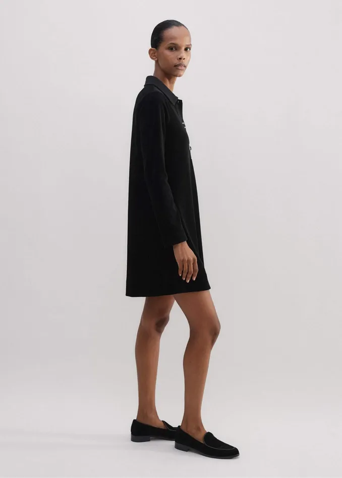 Women Crystal Button Cord Velour ALine Dress Black MEEM