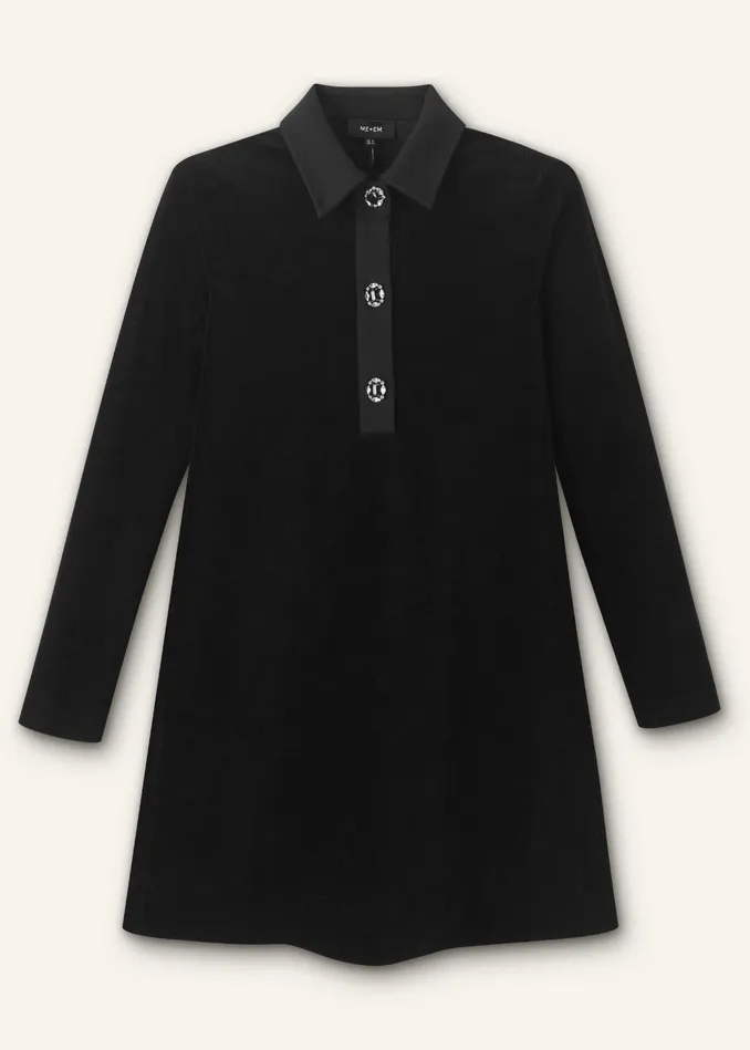 Women Crystal Button Cord Velour ALine Dress Black MEEM