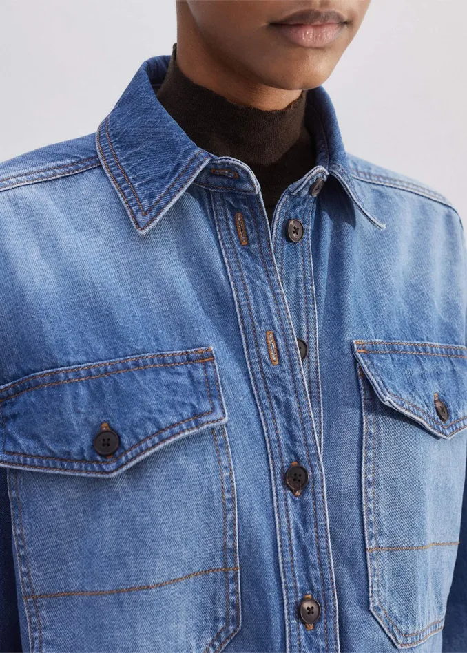 Women CutOff Denim Shirt Mid Blue Denim MEEM
