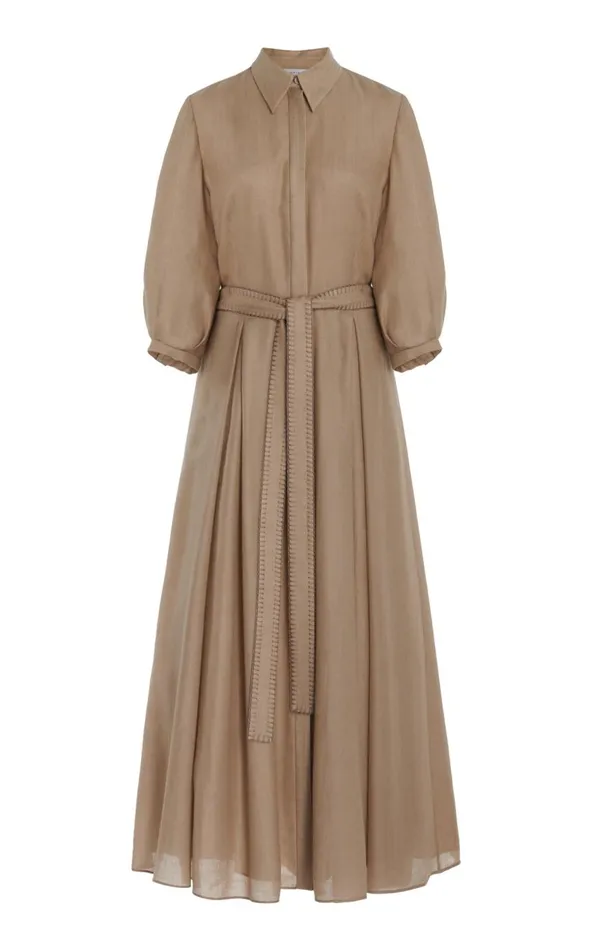 Women Dresses Gabriela Hearst Andy Pleated Shirtdress In Khaki Virgin Wool Cashmere