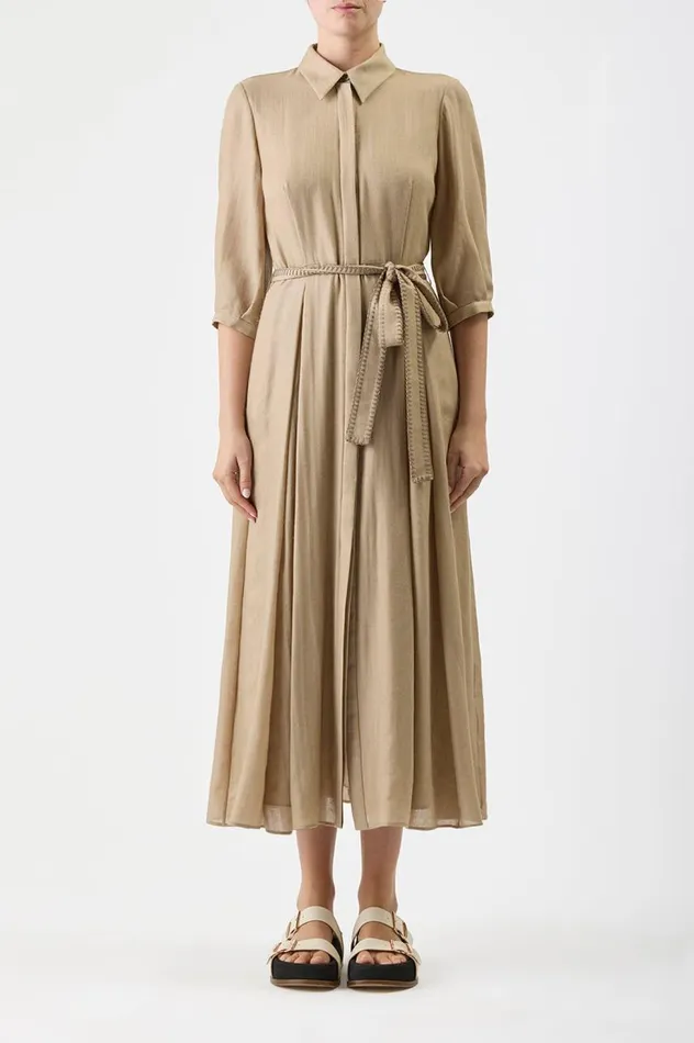 Women Dresses Gabriela Hearst Andy Pleated Shirtdress In Khaki Virgin Wool Cashmere