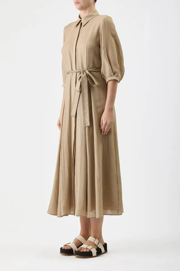 Women Dresses Gabriela Hearst Andy Pleated Shirtdress In Khaki Virgin Wool Cashmere