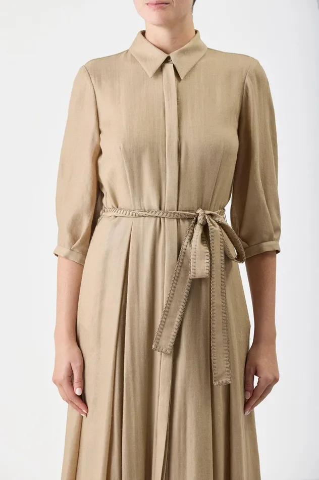 Women Dresses Gabriela Hearst Andy Pleated Shirtdress In Khaki Virgin Wool Cashmere