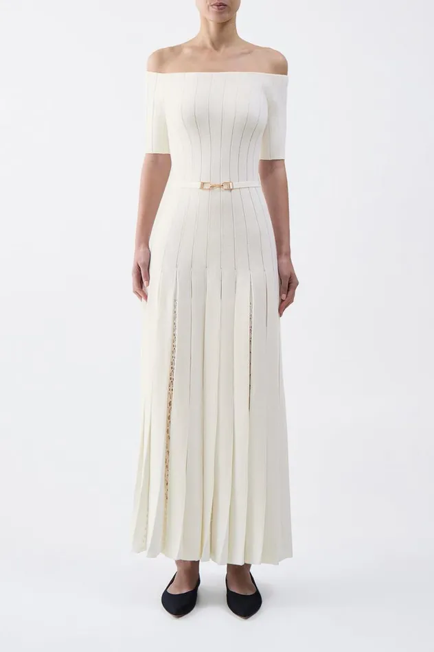 Women Dresses Gabriela Hearst Kurt Knit Pleated Dress In Ivory Merino Wool