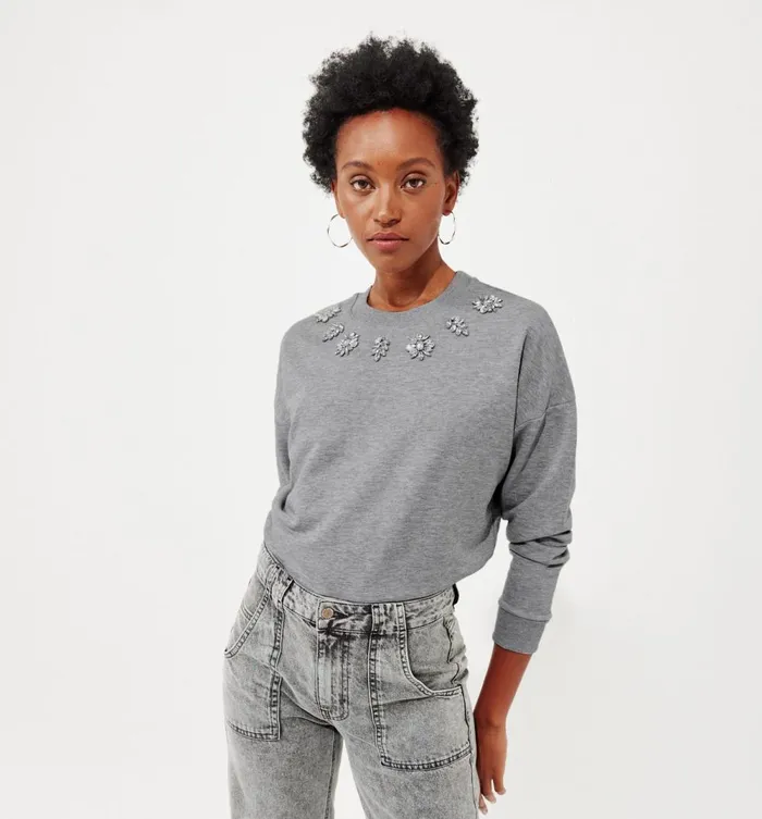 Women Embellished Sweatshirt 8211 Light Grey Promod Jumpers And Cardigans