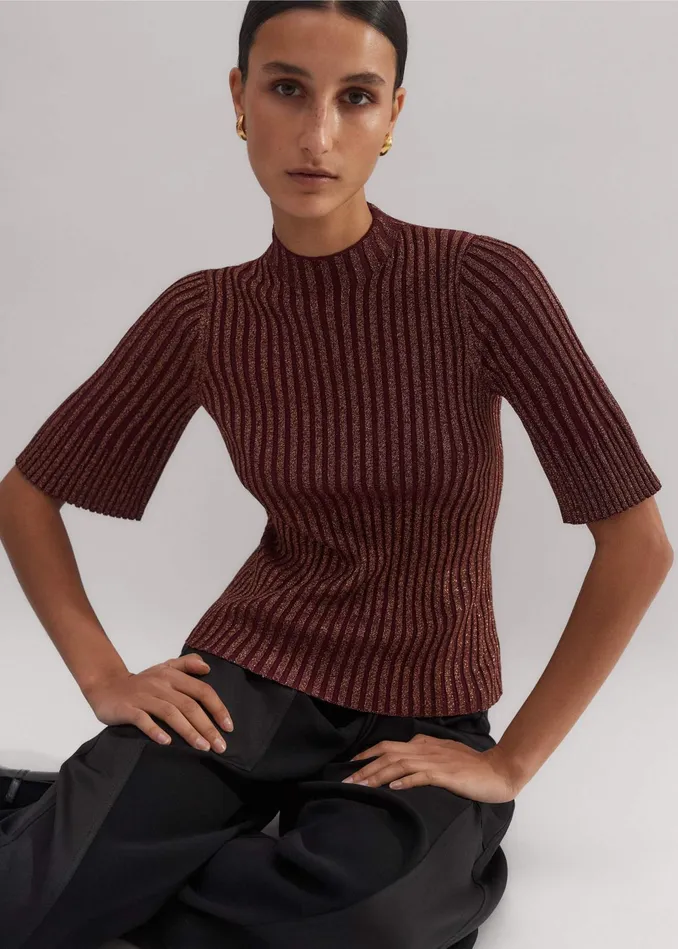 Women Fashioned Rib Metallic Knit Top Deep Merlotbronze MEEM