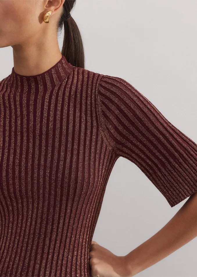 Women Fashioned Rib Metallic Knit Top Deep Merlotbronze MEEM