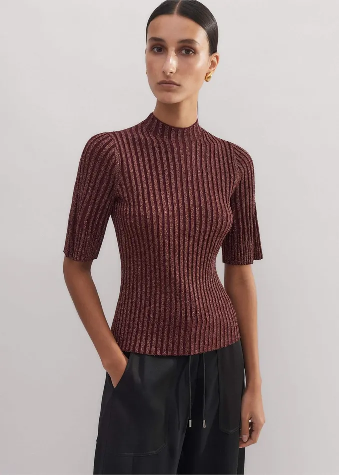 Women Fashioned Rib Metallic Knit Top Deep Merlotbronze MEEM