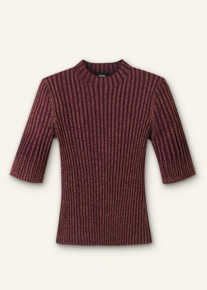 Women Fashioned Rib Metallic Knit Top Deep Merlotbronze MEEM