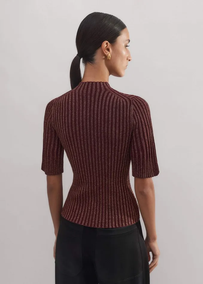 Women Fashioned Rib Metallic Knit Top Deep Merlotbronze MEEM