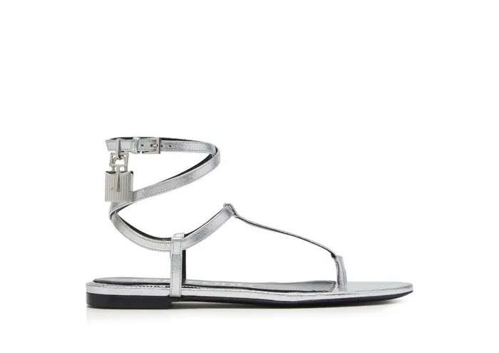 Women Flats Tom Ford Laminated Leather Padlock Sandal Silver
