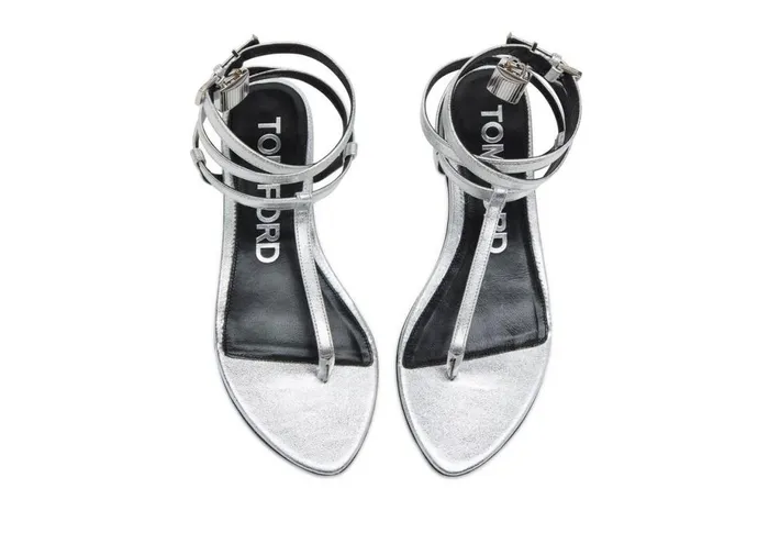 Women Flats Tom Ford Laminated Leather Padlock Sandal Silver Women Flats Tom Ford Laminated Leather Padlock Sandal Silver