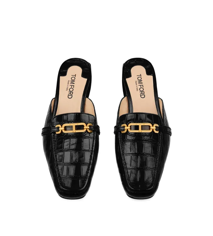 Women Flats Tom Ford Stamped Crocodile Leather Whitney Slipper Black Women Flats Tom Ford Stamped Crocodile Leather Whitney Slipper Black