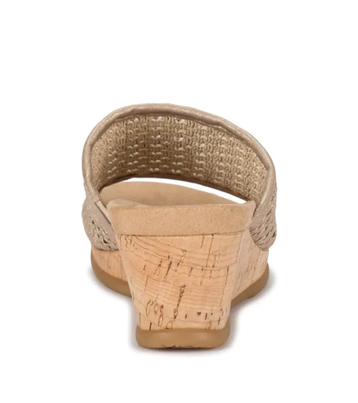 Women Flossey Wedge Slide Sandal Soft Gold Baretraps Wedge Sandals