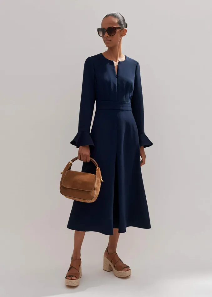 Women Fluid Crepe Elegant Midi Dress Navy Eclipse MEEM