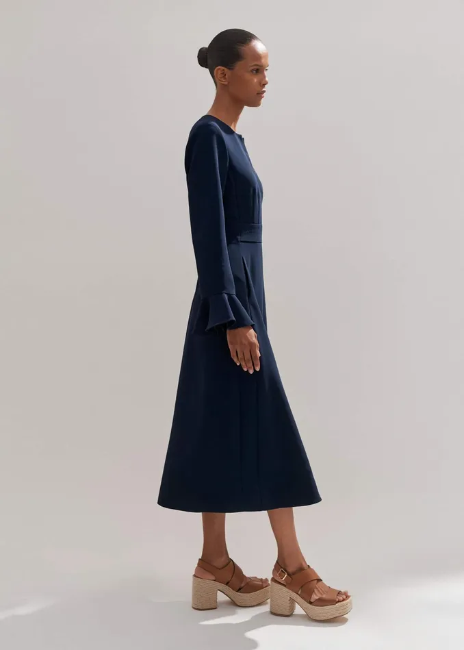 Women Fluid Crepe Elegant Midi Dress Navy Eclipse MEEM