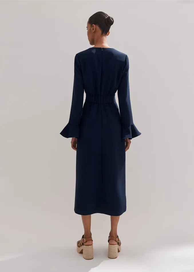 Women Fluid Crepe Elegant Midi Dress Navy Eclipse MEEM