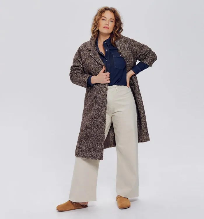 Women Herringbone Coat 8211 Chestnut Brown Print Promod Coats