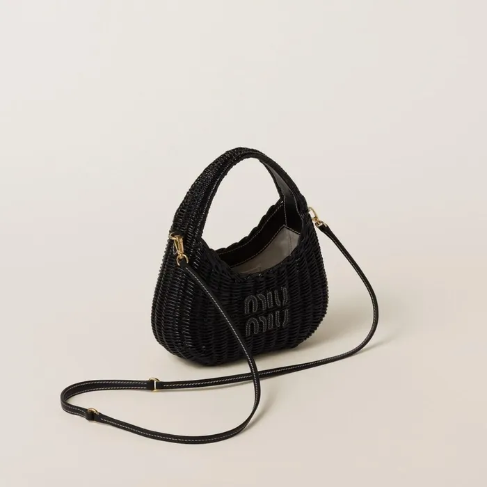 Women Hobo Bags Miu Miu Wander Wicker Hobo Bag Black