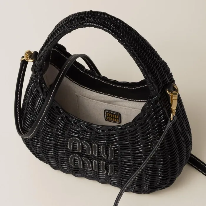 Women Hobo Bags Miu Miu Wander Wicker Hobo Bag Black