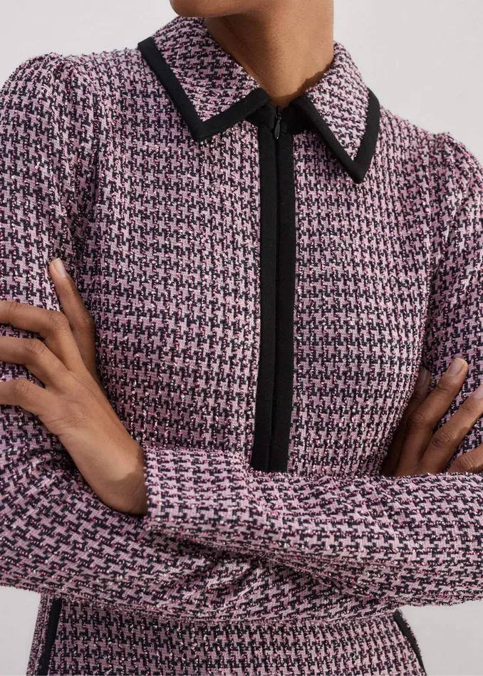 Women Houndstooth Tweed Fit And Flare Dress Pinknavyblack MEEM
