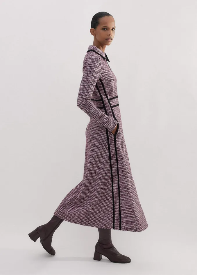 Women Houndstooth Tweed Fit And Flare Dress Pinknavyblack MEEM
