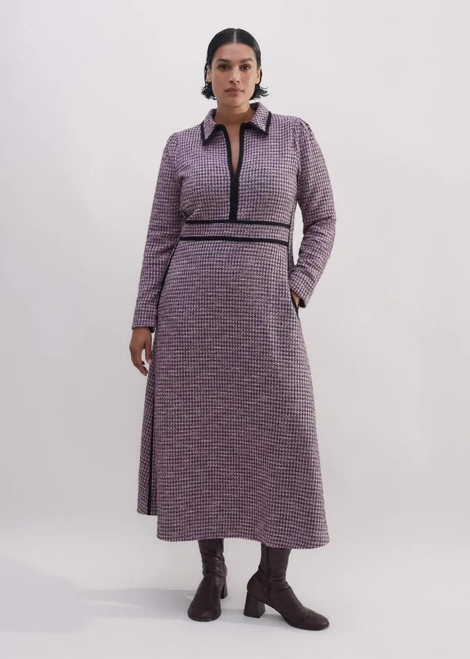 Women Houndstooth Tweed Fit And Flare Dress Pinknavyblack MEEM
