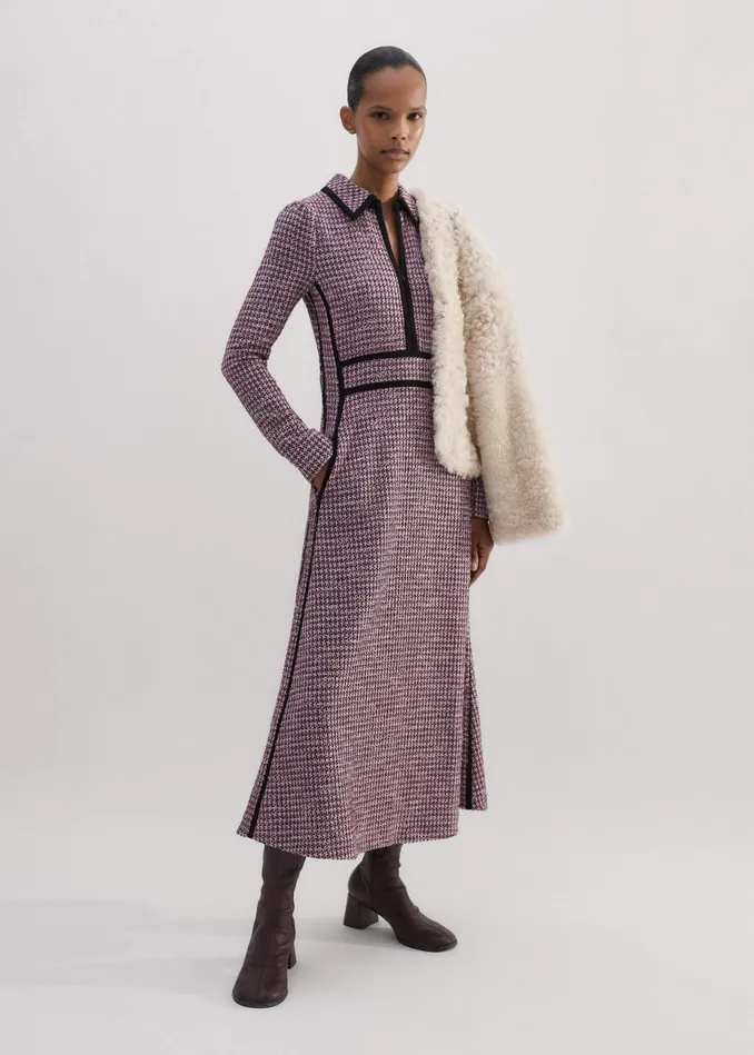 Women Houndstooth Tweed Fit And Flare Dress Pinknavyblack MEEM