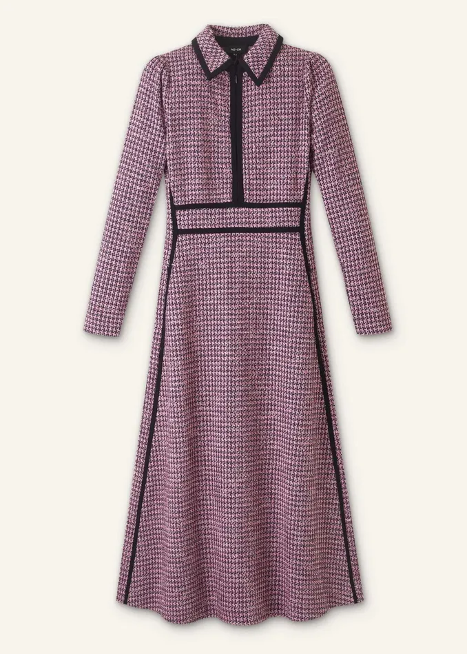 Women Houndstooth Tweed Fit And Flare Dress Pinknavyblack MEEM