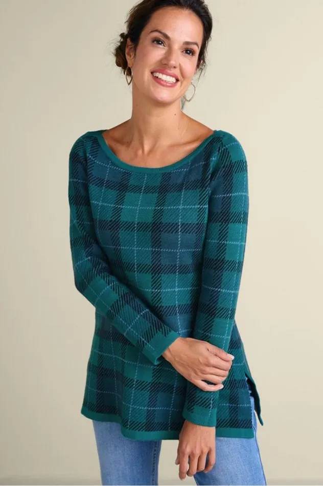 Women Janece Plaid Sweater Tunic Festive Plaid Green Soft Surroundings Tops