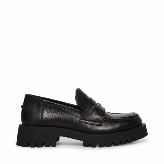 WomenKids039 LAWRENCE BLACK LEATHER Black Leather Steve Madden Loafers and Flats