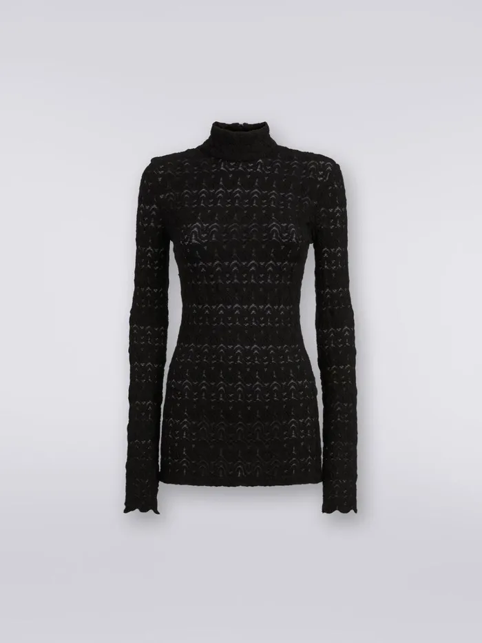Women LaceEffect Viscose Blend HighNeck Pullover Black Missoni Knitwear