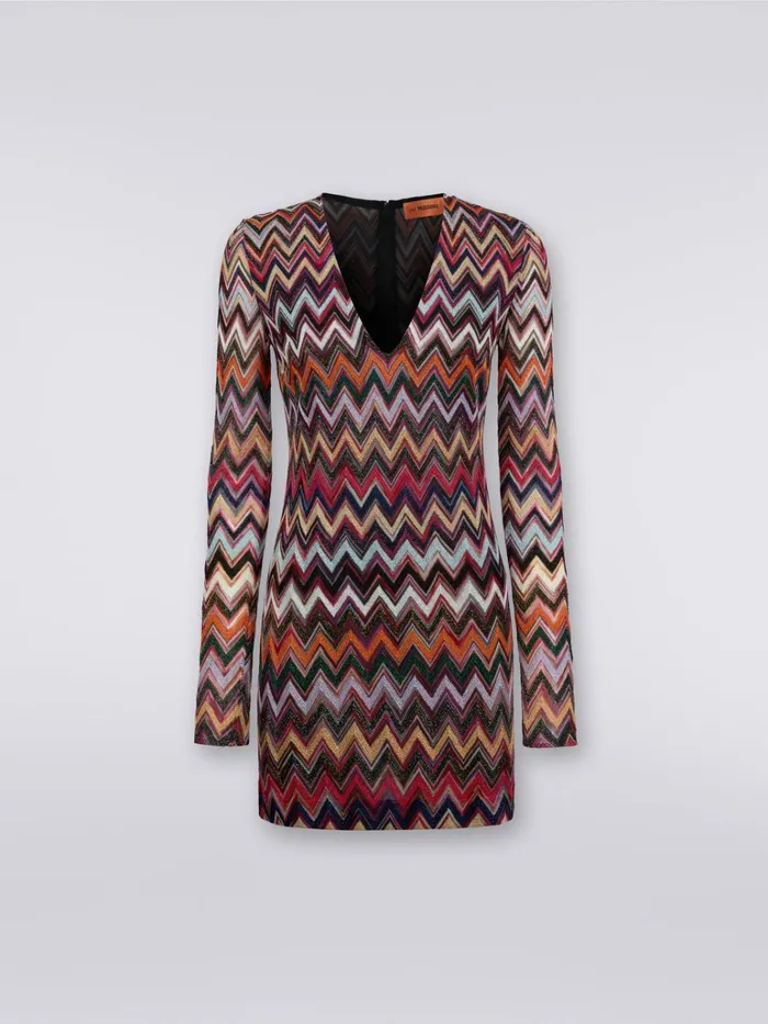Women Lam Viscose Chevron Mini Dress With V Neckline Multicoloured Missoni Dresses