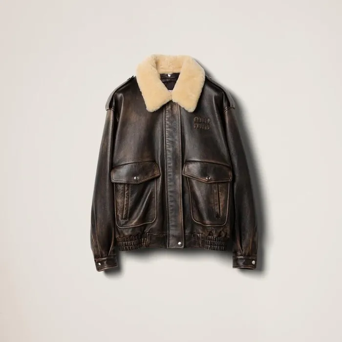 Women Leather Miu Miu Nappa Leather Bomber Jacket Coffee