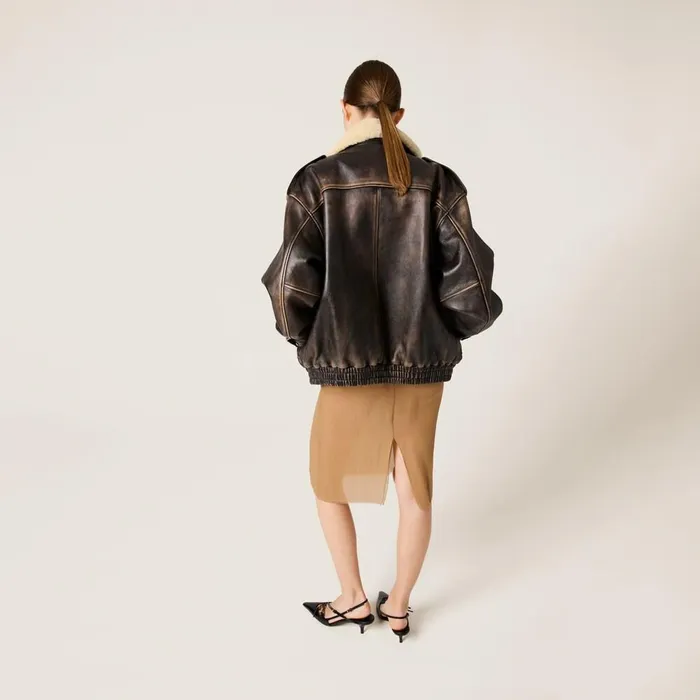 Women Leather Miu Miu Nappa Leather Bomber Jacket Coffee Women Leather Miu Miu Nappa Leather Bomber Jacket Coffee