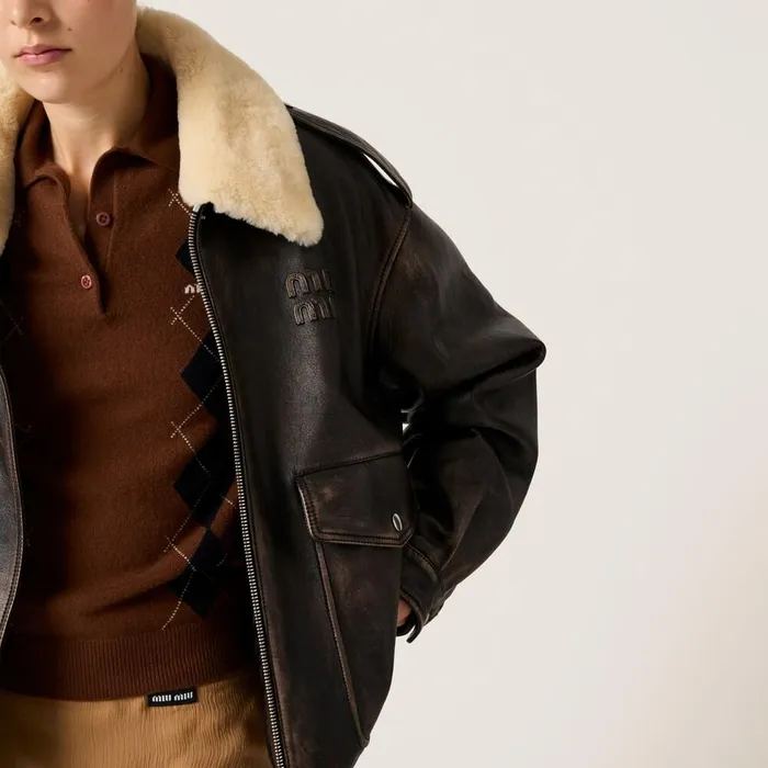Women Leather Miu Miu Nappa Leather Bomber Jacket Coffee Women Leather Miu Miu Nappa Leather Bomber Jacket Coffee