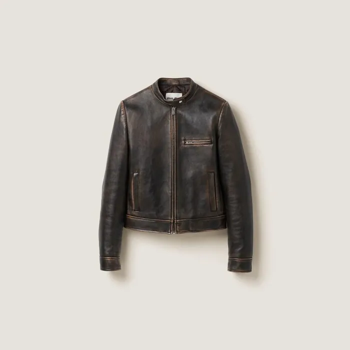 Women Leather Miu Miu Nappa Leather Jacket Sandcoffee