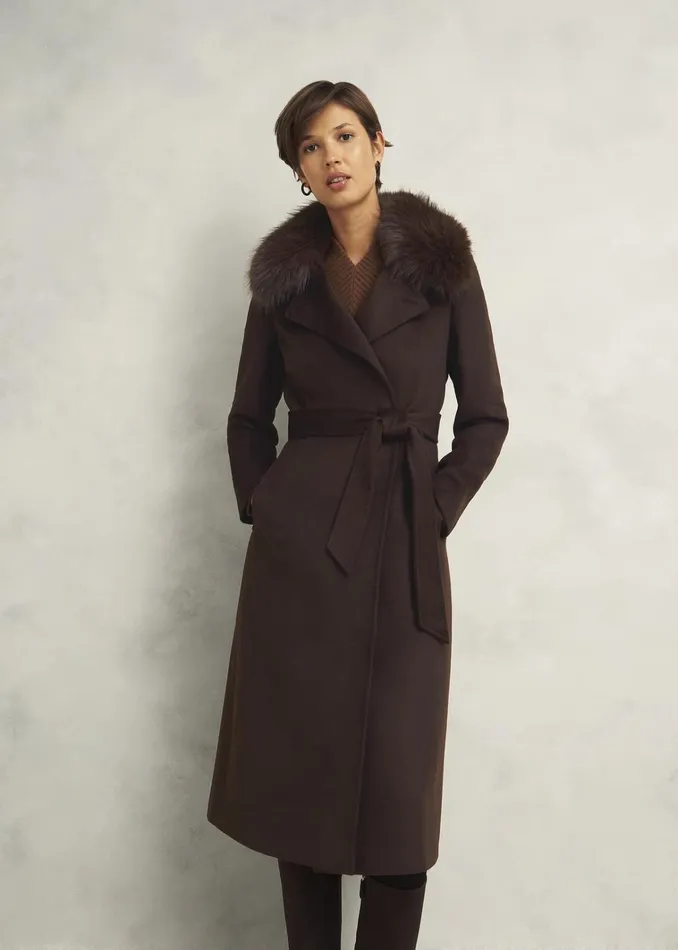 Women Livia Wool Coat With Faux Fur Alder Brown Hobbs Coats and Jackets