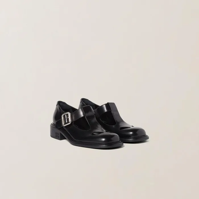 Women Loafers And LaceUps Miu Miu Leather Tbar Shoes Black