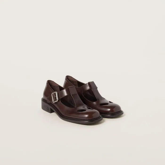 Women Loafers And LaceUps Miu Miu Leather Tbar Shoes Dark Brown